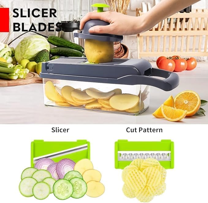 Vegetable Chopper & Slicer Dicer Cutter | Onion, Garlic, Carrot, Fruit, Veggie Chopper with 8 Blades & Container